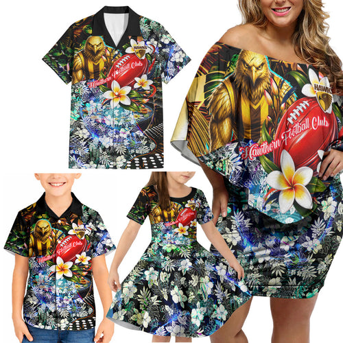 Personalized Hawthorn Football Hawks Family Matching Off Shoulder Short Dress and Hawaiian Shirt Tropical Hibiscus Flowers - Pacific Fusion Style