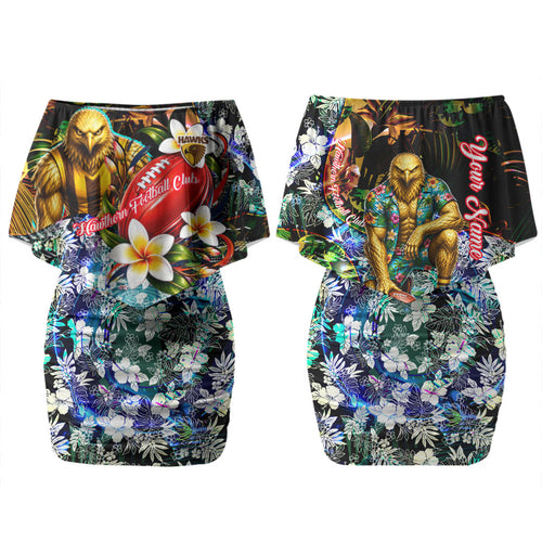 Personalized Hawthorn Football Hawks Family Matching Off Shoulder Short Dress and Hawaiian Shirt Tropical Hibiscus Flowers - Pacific Fusion Style