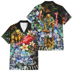 Personalized Hawthorn Football Hawks Family Matching Off Shoulder Short Dress and Hawaiian Shirt Tropical Hibiscus Flowers - Pacific Fusion Style