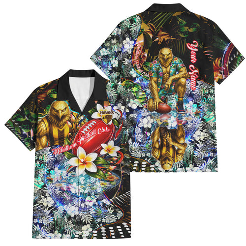 Personalized Hawthorn Football Hawks Family Matching Off Shoulder Short Dress and Hawaiian Shirt Tropical Hibiscus Flowers - Pacific Fusion Style