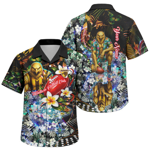 Personalized Hawthorn Football Hawks Family Matching Off Shoulder Short Dress and Hawaiian Shirt Tropical Hibiscus Flowers - Pacific Fusion Style