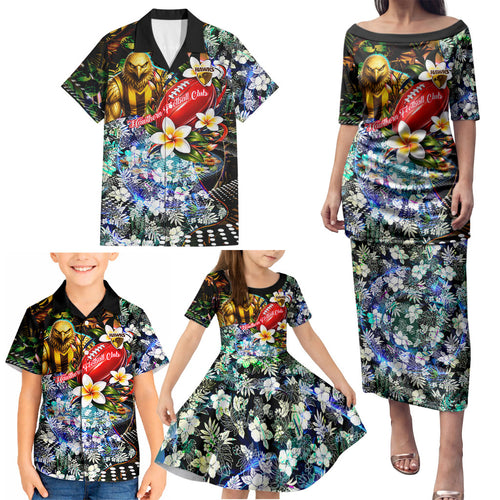 Personalized Hawthorn Football Hawks Family Matching Puletasi and Hawaiian Shirt Tropical Hibiscus Flowers - Pacific Fusion Style
