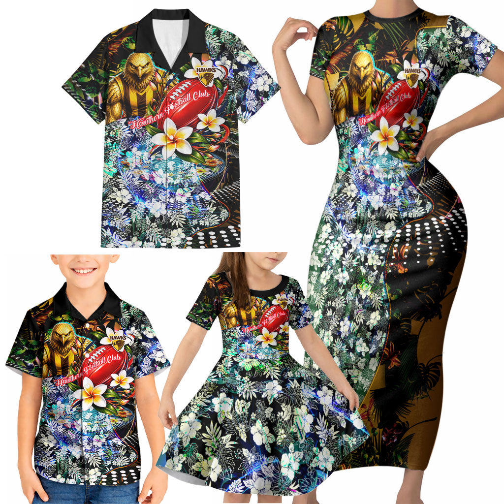 Personalized Hawthorn Football Hawks Family Matching Short Sleeve Bodycon Dress and Hawaiian Shirt Tropical Hibiscus Flowers - Pacific Fusion Style