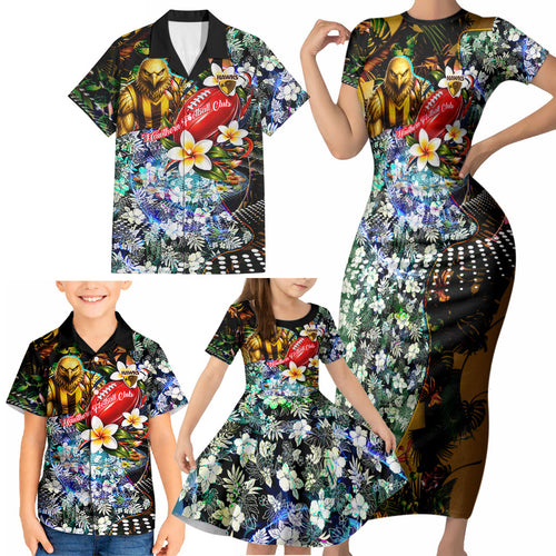 Personalized Hawthorn Football Hawks Family Matching Short Sleeve Bodycon Dress and Hawaiian Shirt Tropical Hibiscus Flowers - Pacific Fusion Style