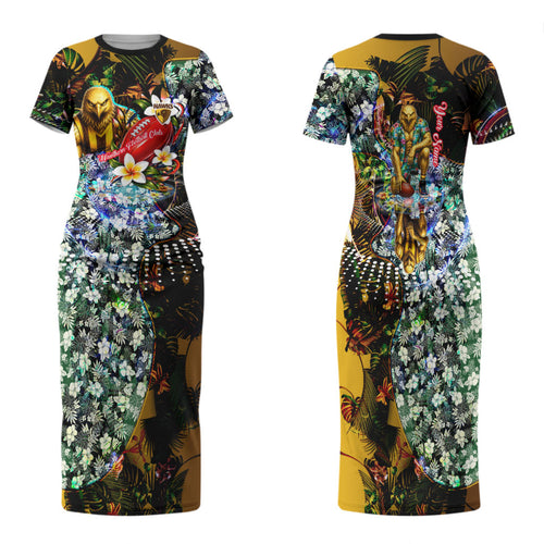 Personalized Hawthorn Football Hawks Family Matching Short Sleeve Bodycon Dress and Hawaiian Shirt Tropical Hibiscus Flowers - Pacific Fusion Style