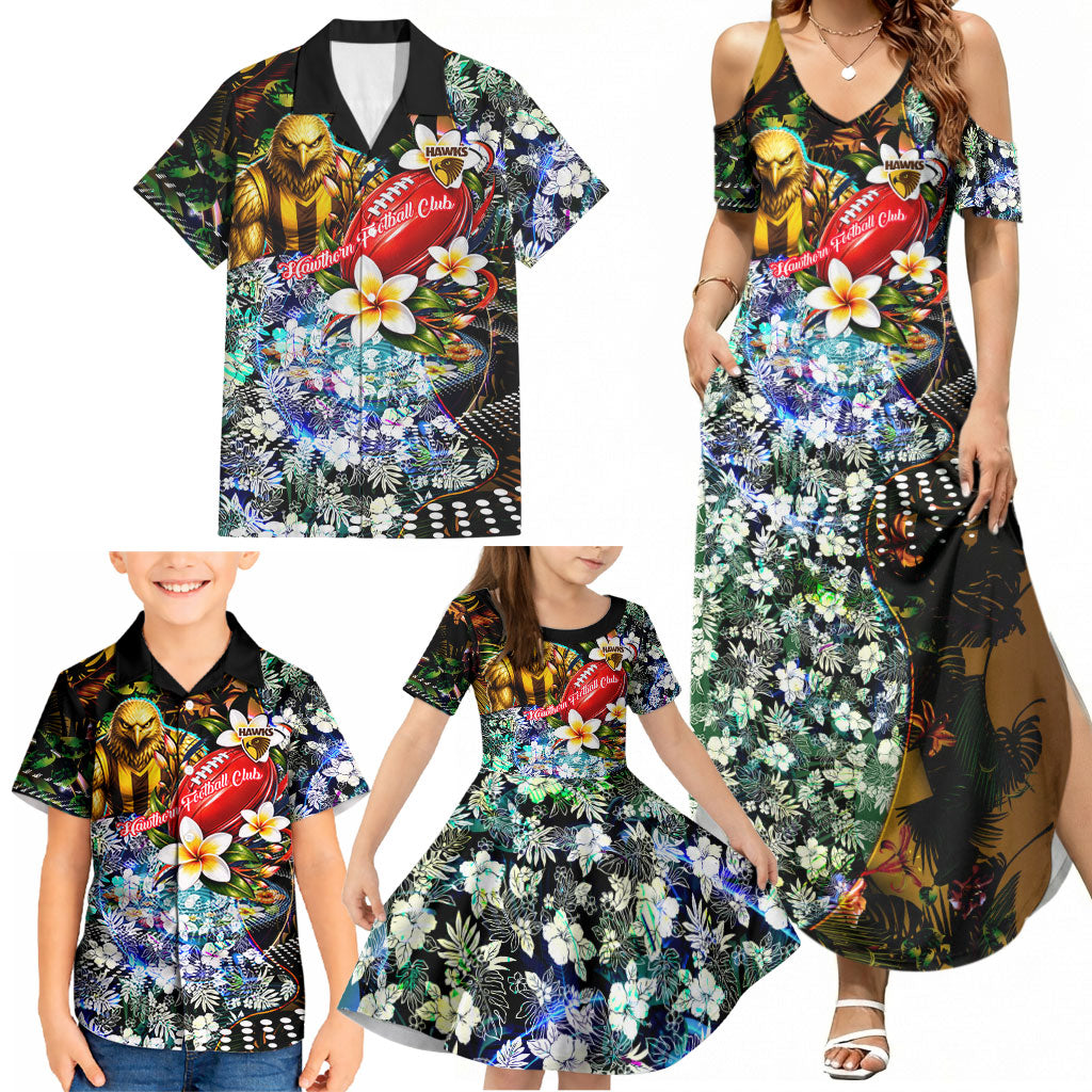 Personalized Hawthorn Football Hawks Family Matching Summer Maxi Dress and Hawaiian Shirt Tropical Hibiscus Flowers - Pacific Fusion Style