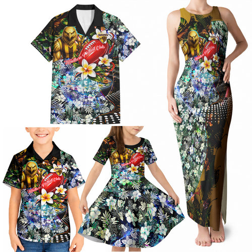 Personalized Hawthorn Football Hawks Family Matching Tank Maxi Dress and Hawaiian Shirt Tropical Hibiscus Flowers - Pacific Fusion Style