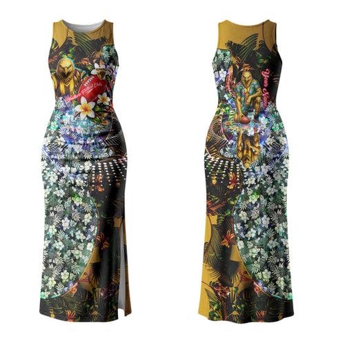 Personalized Hawthorn Football Hawks Family Matching Tank Maxi Dress and Hawaiian Shirt Tropical Hibiscus Flowers - Pacific Fusion Style