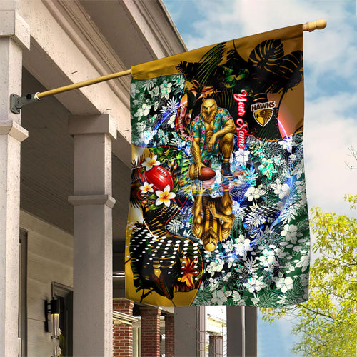 Personalized Hawthorn Football Hawks Garden Flag Tropical Hibiscus Flowers - Pacific Fusion Style