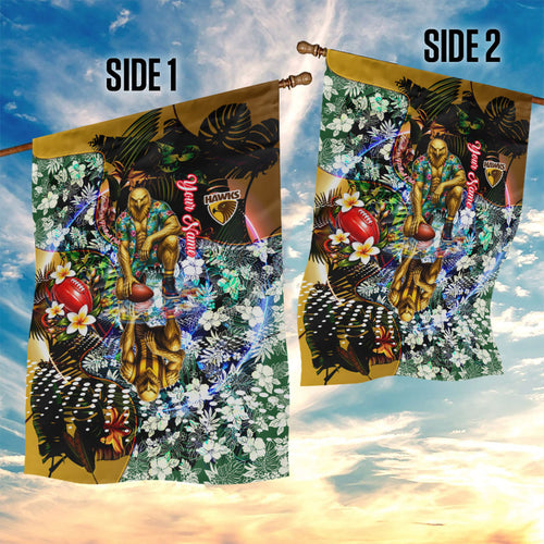Personalized Hawthorn Football Hawks Garden Flag Tropical Hibiscus Flowers - Pacific Fusion Style