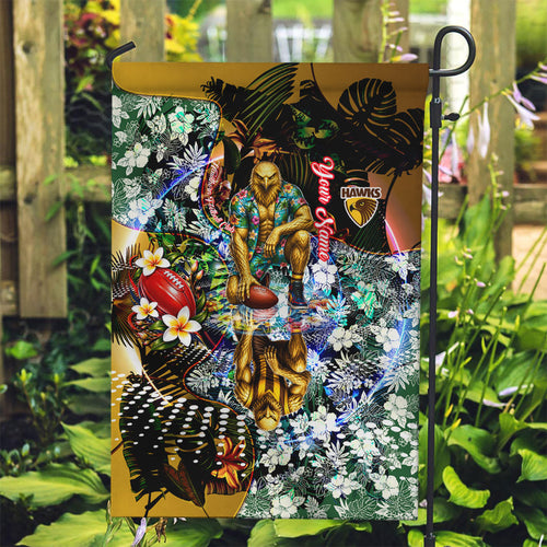 Personalized Hawthorn Football Hawks Garden Flag Tropical Hibiscus Flowers - Pacific Fusion Style