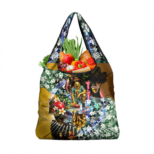 Personalized Hawthorn Football Hawks Grocery Bag Tropical Hibiscus Flowers - Pacific Fusion Style