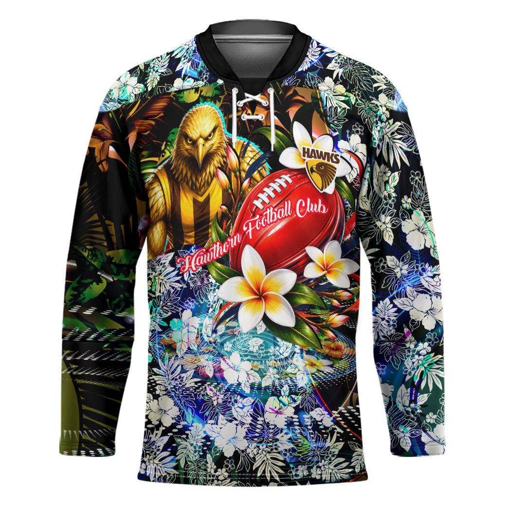 Personalized Hawthorn Football Hawks Hockey Jersey Tropical Hibiscus Flowers - Pacific Fusion Style