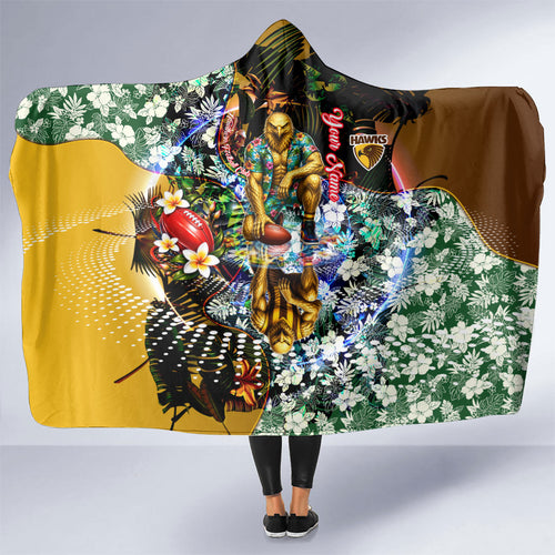 Personalized Hawthorn Football Hawks Hooded Blanket Tropical Hibiscus Flowers - Pacific Fusion Style