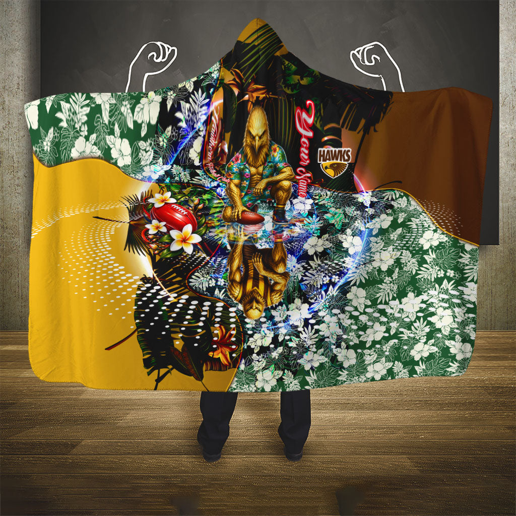 Personalized Hawthorn Football Hawks Hooded Blanket Tropical Hibiscus Flowers - Pacific Fusion Style