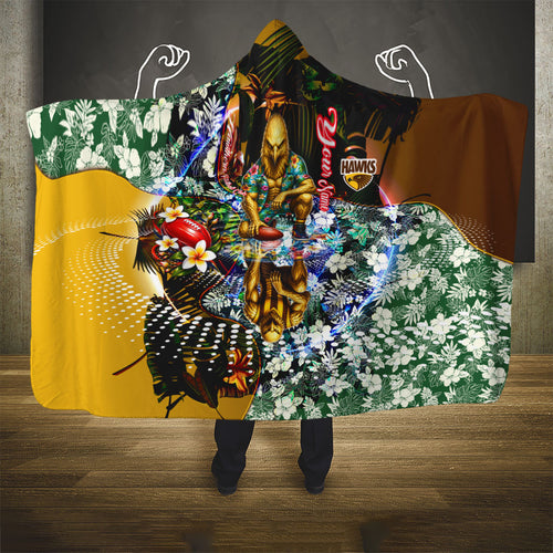 Personalized Hawthorn Football Hawks Hooded Blanket Tropical Hibiscus Flowers - Pacific Fusion Style