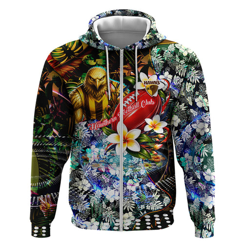 Personalized Hawthorn Football Hawks Hoodie Tropical Hibiscus Flowers - Pacific Fusion Style