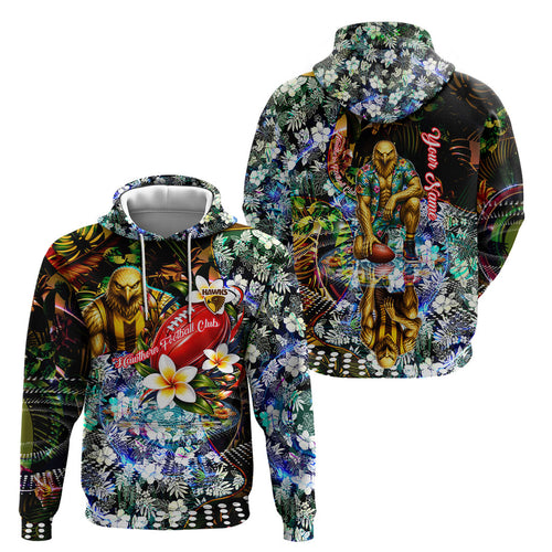 Personalized Hawthorn Football Hawks Hoodie Tropical Hibiscus Flowers - Pacific Fusion Style