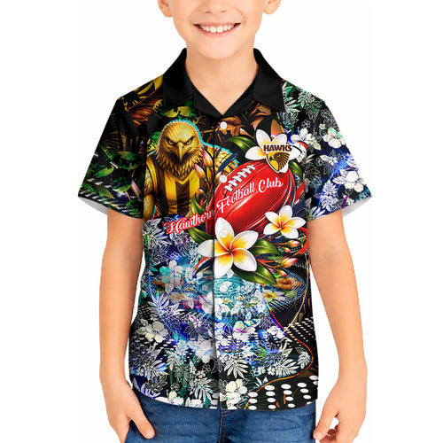 Personalized Hawthorn Football Hawks Kid Hawaiian Shirt Tropical Hibiscus Flowers - Pacific Fusion Style