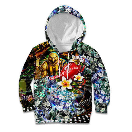 Personalized Hawthorn Football Hawks Kid Hoodie Tropical Hibiscus Flowers - Pacific Fusion Style