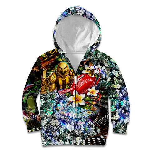 Personalized Hawthorn Football Hawks Kid Hoodie Tropical Hibiscus Flowers - Pacific Fusion Style