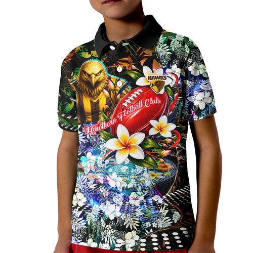 Personalized Hawthorn Football Hawks Kid Polo Shirt Tropical Hibiscus Flowers - Pacific Fusion Style