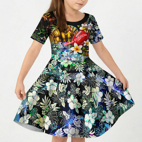Personalized Hawthorn Football Hawks Kid Short Sleeve Dress Tropical Hibiscus Flowers - Pacific Fusion Style