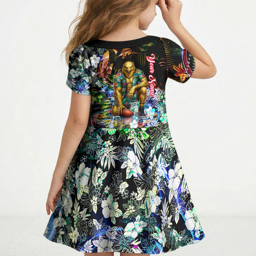 Personalized Hawthorn Football Hawks Kid Short Sleeve Dress Tropical Hibiscus Flowers - Pacific Fusion Style