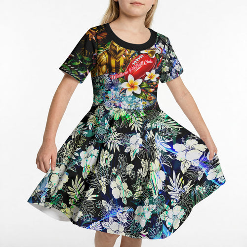Personalized Hawthorn Football Hawks Kid Short Sleeve Dress Tropical Hibiscus Flowers - Pacific Fusion Style