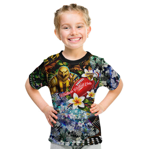 Personalized Hawthorn Football Hawks Kid T Shirt Tropical Hibiscus Flowers - Pacific Fusion Style
