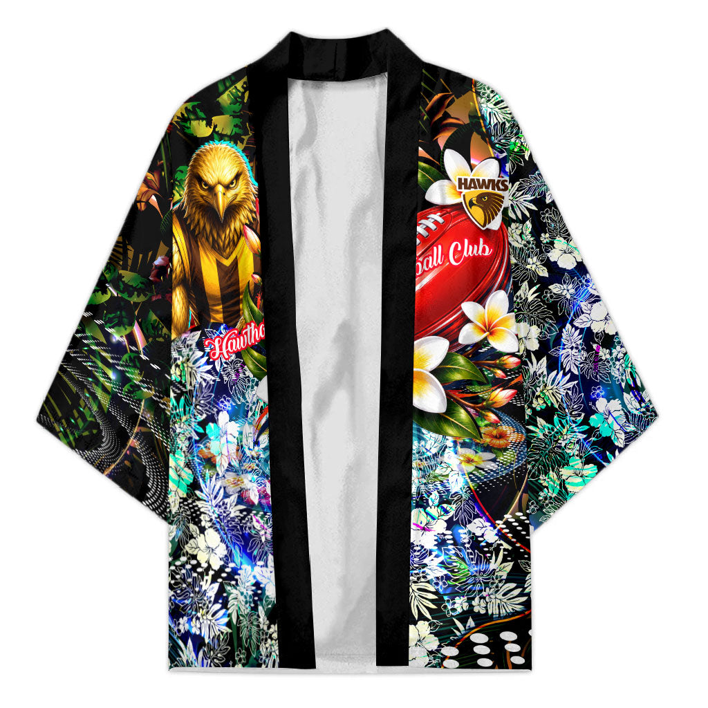 Personalized Hawthorn Football Hawks Kimono Tropical Hibiscus Flowers - Pacific Fusion Style