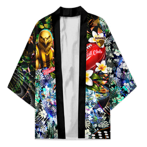 Personalized Hawthorn Football Hawks Kimono Tropical Hibiscus Flowers - Pacific Fusion Style