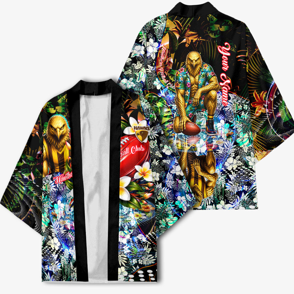 Personalized Hawthorn Football Hawks Kimono Tropical Hibiscus Flowers - Pacific Fusion Style