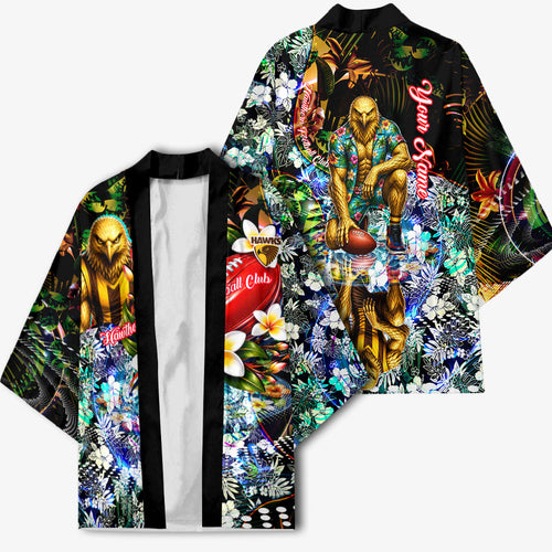 Personalized Hawthorn Football Hawks Kimono Tropical Hibiscus Flowers - Pacific Fusion Style