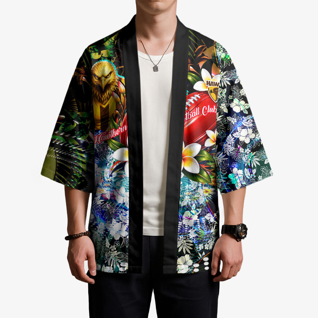 Personalized Hawthorn Football Hawks Kimono Tropical Hibiscus Flowers - Pacific Fusion Style