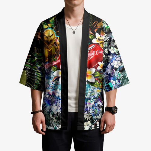Personalized Hawthorn Football Hawks Kimono Tropical Hibiscus Flowers - Pacific Fusion Style