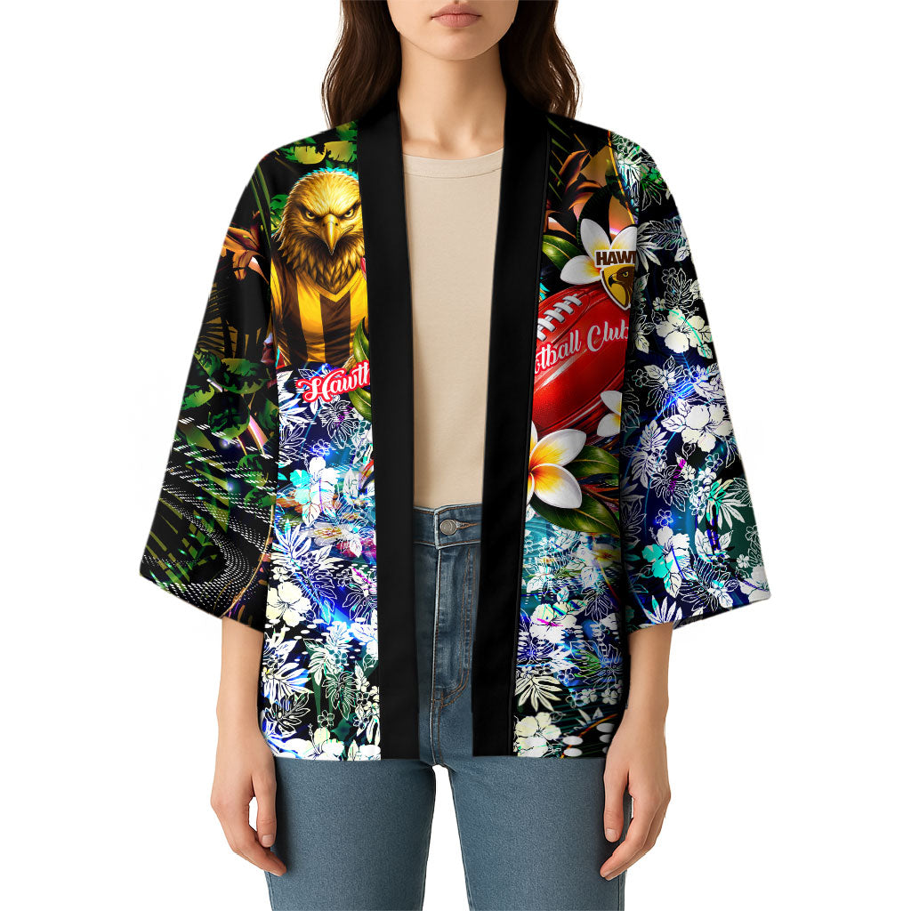 Personalized Hawthorn Football Hawks Kimono Tropical Hibiscus Flowers - Pacific Fusion Style