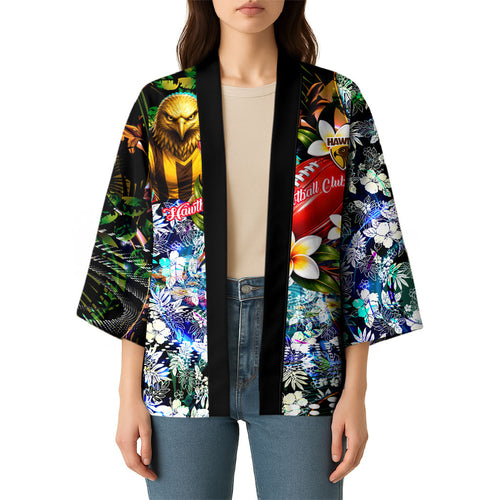 Personalized Hawthorn Football Hawks Kimono Tropical Hibiscus Flowers - Pacific Fusion Style