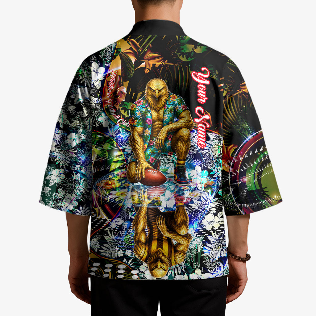 Personalized Hawthorn Football Hawks Kimono Tropical Hibiscus Flowers - Pacific Fusion Style