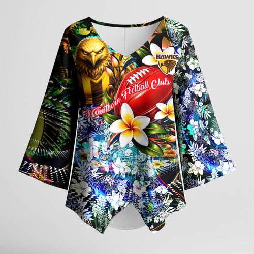 Personalized Hawthorn Football Hawks Kimono Sleeve Blouse Tropical Hibiscus Flowers - Pacific Fusion Style