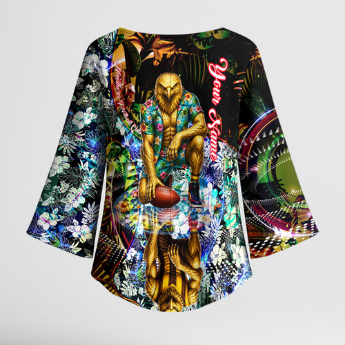 Personalized Hawthorn Football Hawks Kimono Sleeve Blouse Tropical Hibiscus Flowers - Pacific Fusion Style