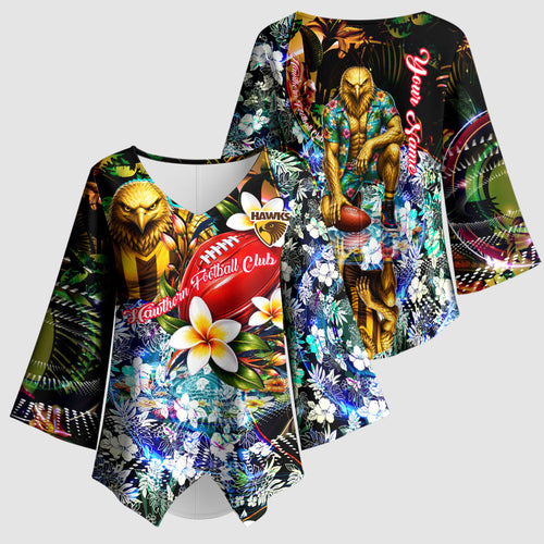 Personalized Hawthorn Football Hawks Kimono Sleeve Blouse Tropical Hibiscus Flowers - Pacific Fusion Style