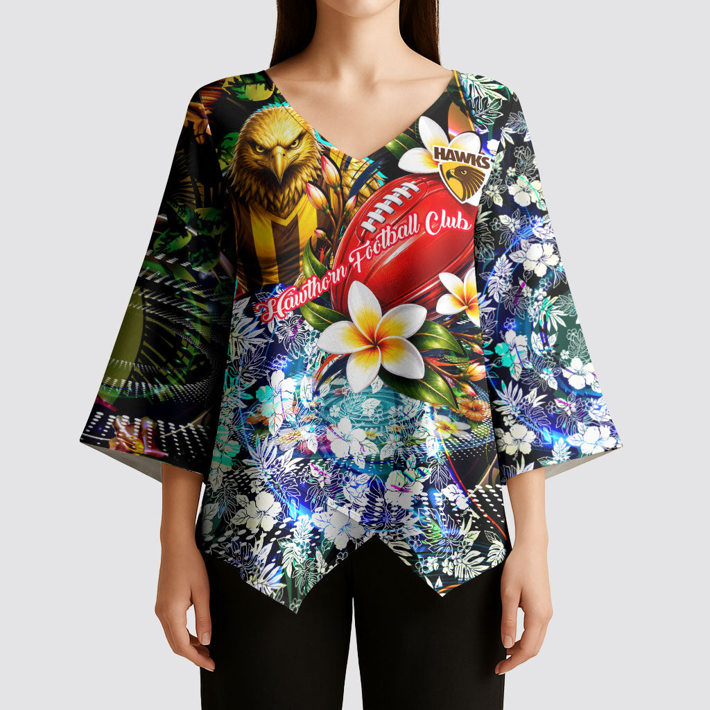 Personalized Hawthorn Football Hawks Kimono Sleeve Blouse Tropical Hibiscus Flowers - Pacific Fusion Style