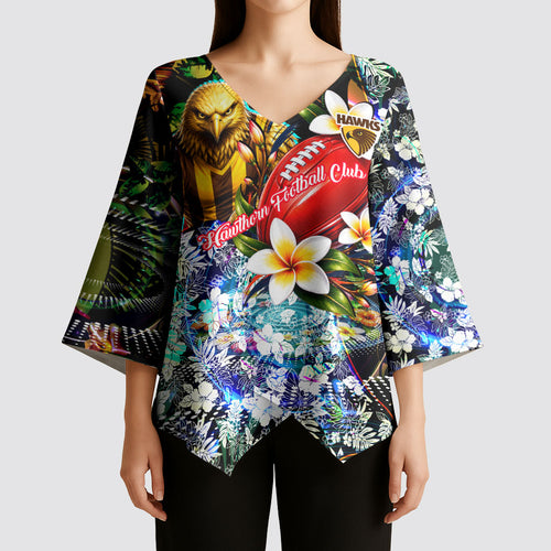Personalized Hawthorn Football Hawks Kimono Sleeve Blouse Tropical Hibiscus Flowers - Pacific Fusion Style