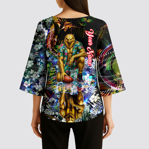 Personalized Hawthorn Football Hawks Kimono Sleeve Blouse Tropical Hibiscus Flowers - Pacific Fusion Style