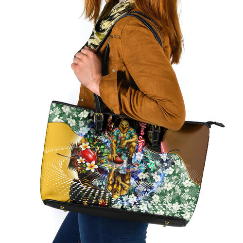 Personalized Hawthorn Football Hawks Leather Tote Bag Tropical Hibiscus Flowers - Pacific Fusion Style