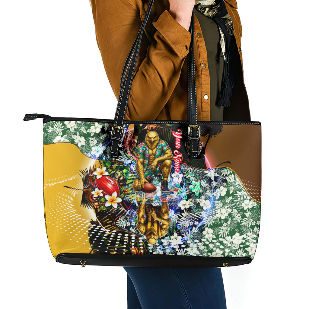 Personalized Hawthorn Football Hawks Leather Tote Bag Tropical Hibiscus Flowers - Pacific Fusion Style