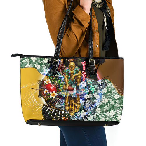 Personalized Hawthorn Football Hawks Leather Tote Bag Tropical Hibiscus Flowers - Pacific Fusion Style