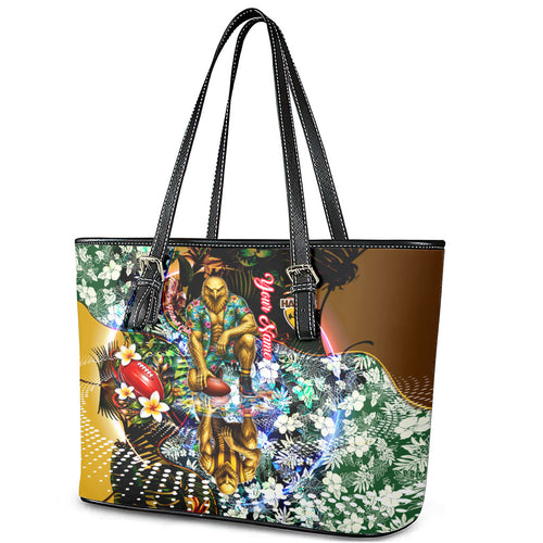 Personalized Hawthorn Football Hawks Leather Tote Bag Tropical Hibiscus Flowers - Pacific Fusion Style