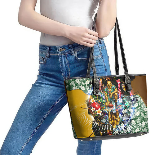 Personalized Hawthorn Football Hawks Leather Tote Bag Tropical Hibiscus Flowers - Pacific Fusion Style